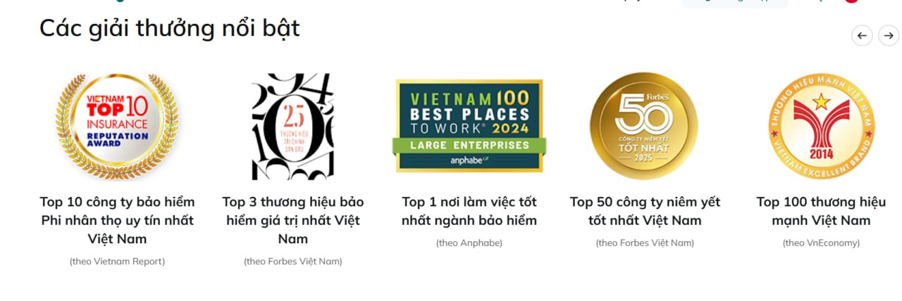 Top 10 công ty bảo hiểm phi nhân thọ uy tín Việt Nam; Top 3 thương hiệu bảo hiểm giá trị nhất Việt Nam; Top 1 nơi làm việc tốt nhất ngành bảo hiểm; Top 50 công ty niêm yết tốt nhất Việt Nam; Top 100 thương hiệu mạnh Việt Nam